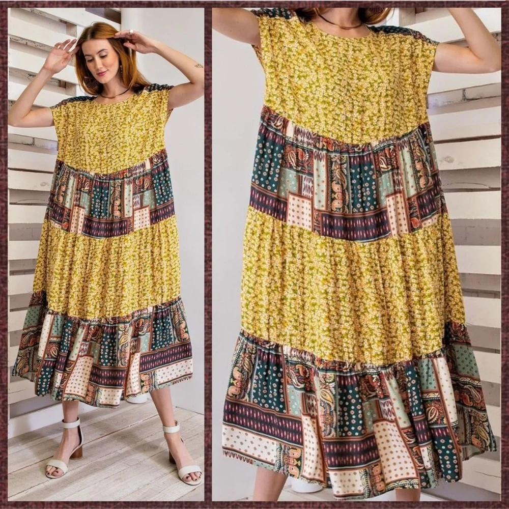 EASEL "Pretty Days" Cottagecore Mix Print Free Flow & Relaxed Pleated Maxi Dress - Picture 13 of 16